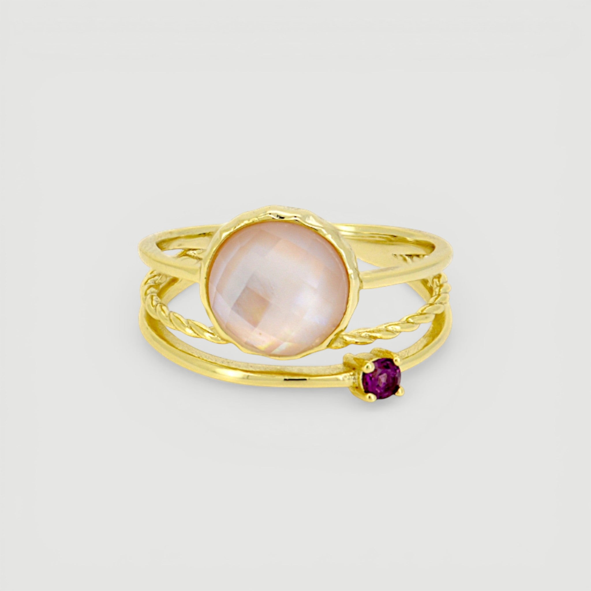 Amara Jewels gold-plated sterling silver ring with a pink shell pearl and a small ruby accent.