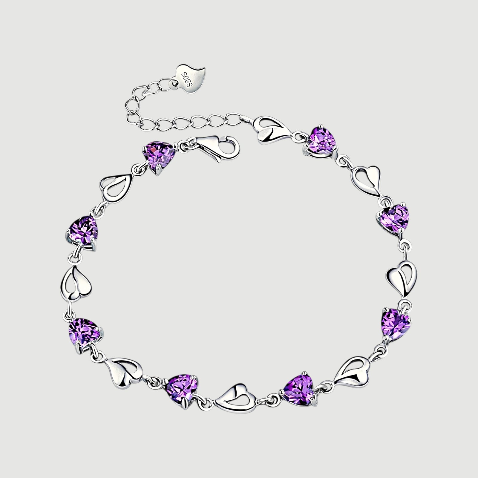 Amara Jewels sterling silver bracelet with purple heart-shaped links and shimmering stones.