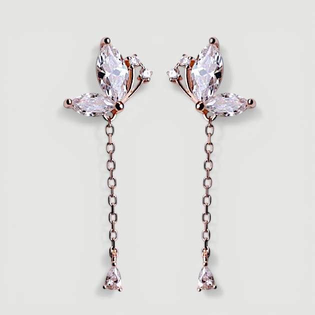 Amara Jewels rose gold plated sterling silver butterfly drop earrings with marquise and teardrop cubic zirconia stones.