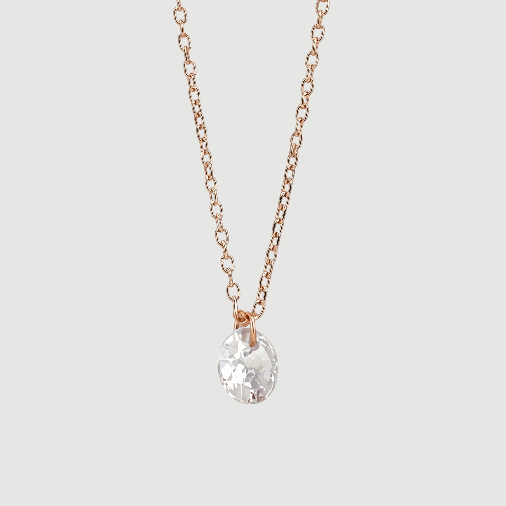 Amara Jewels rose gold plated sterling silver necklace with clear crystal solitaire pendant.