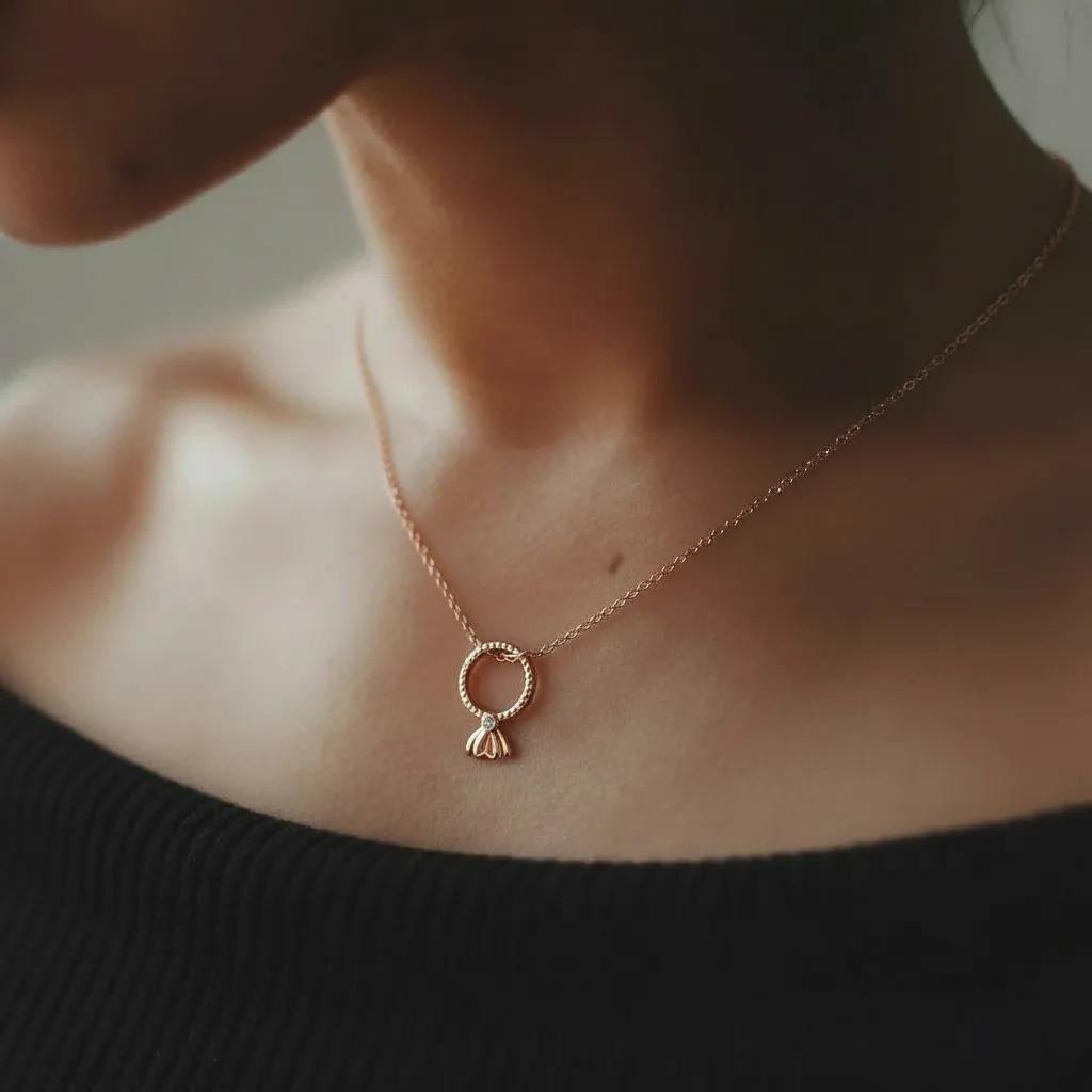Amara Jewels rose gold plated sterling silver necklace with open circle pendant and flower drop charm with center stone.