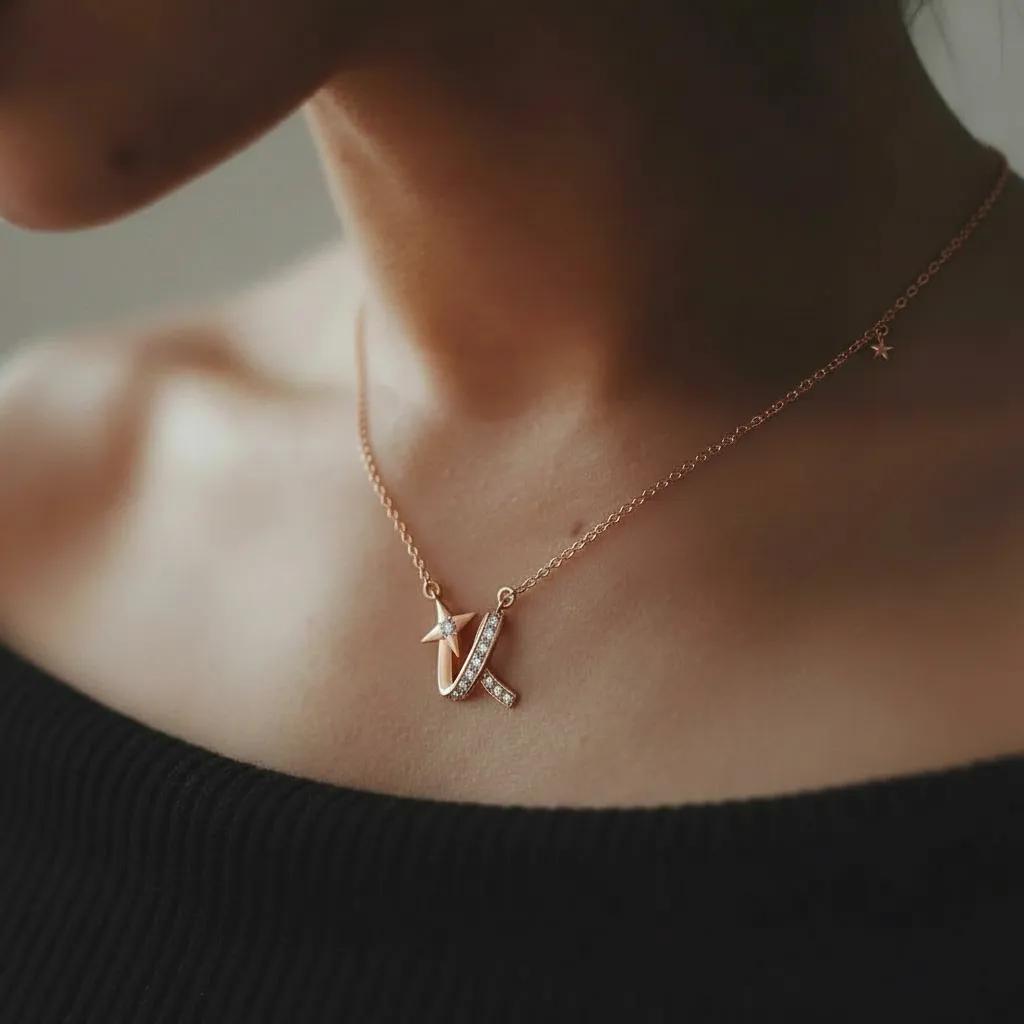 Amara Jewels rose gold necklace with a shooting star charm adorned with a diamond and a curved ribbon embellished with small diamonds.