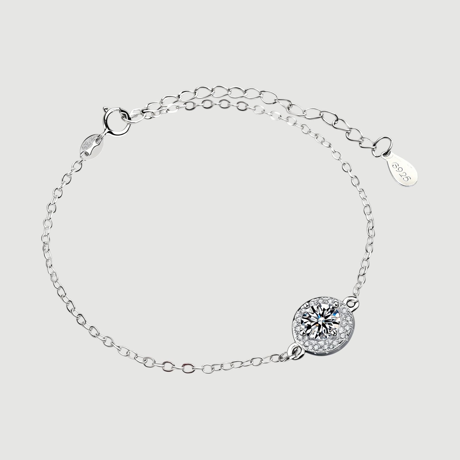 Amara Jewels 925 sterling silver bracelet with round halo zircon charm and adjustable chain.