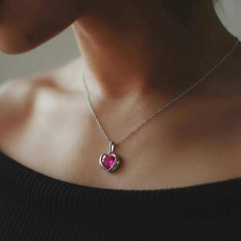 Amara Jewels sterling silver necklace with ruby red heart pendant and delicate chain, adorned with small crystals.