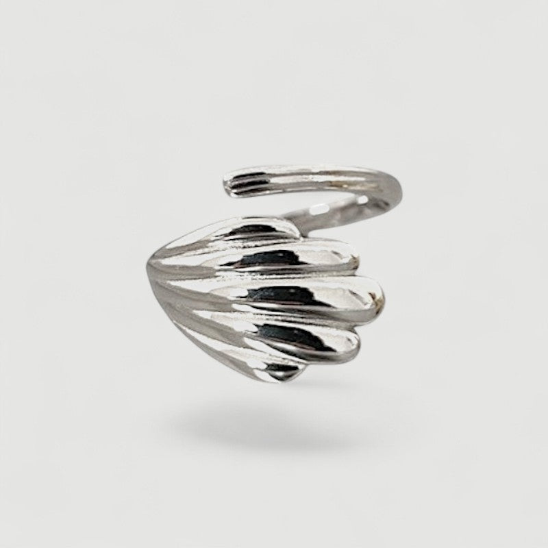 Amara Jewels 925 sterling silver shell open wrap ring with 18K yellow gold plating, adjustable fit, wing motif.