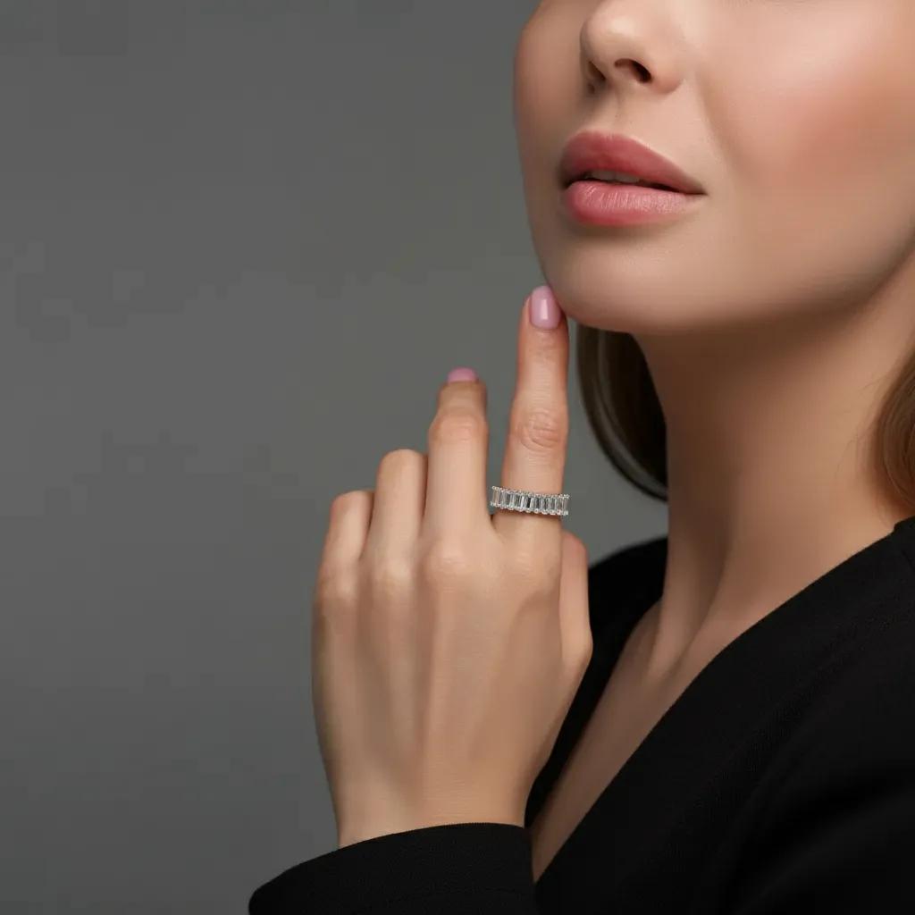 Amara Jewels sterling silver baguette eternity ring with clear stones, sleek band.