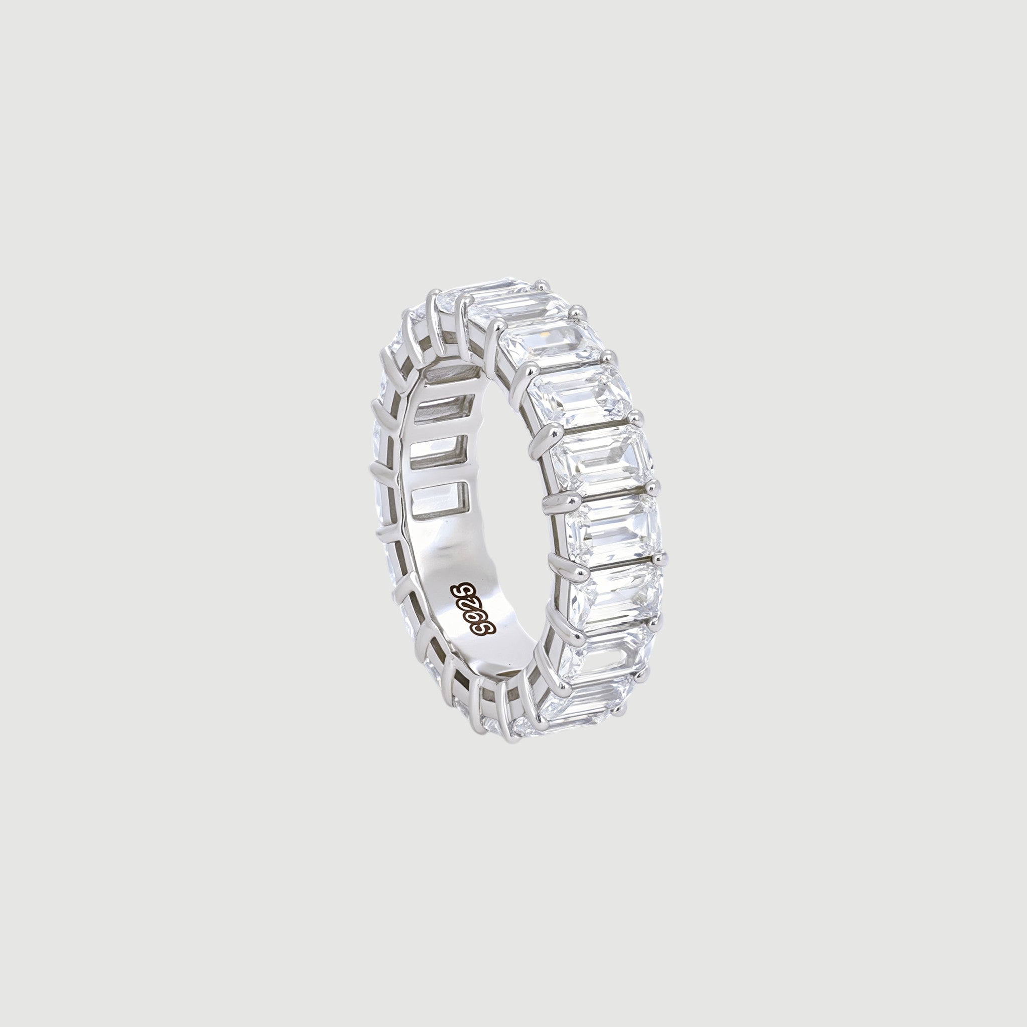 Amara Jewels sterling silver baguette eternity ring with clear stones, sleek band.