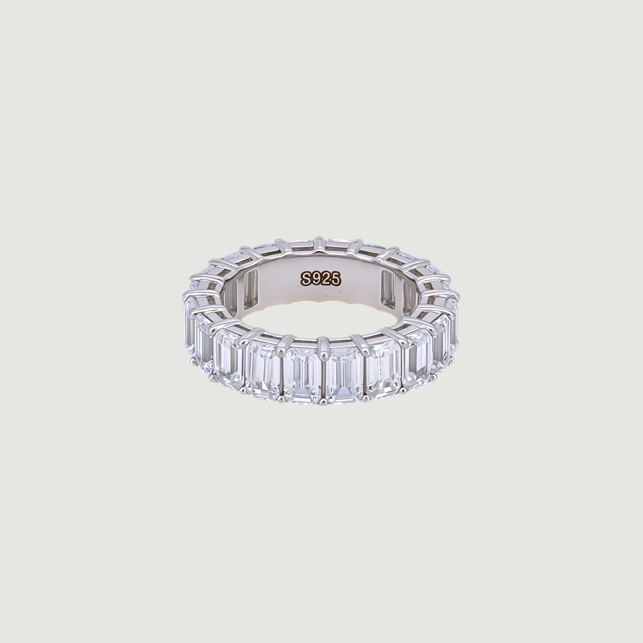 Amara Jewels sterling silver baguette eternity ring with clear stones, sleek band.