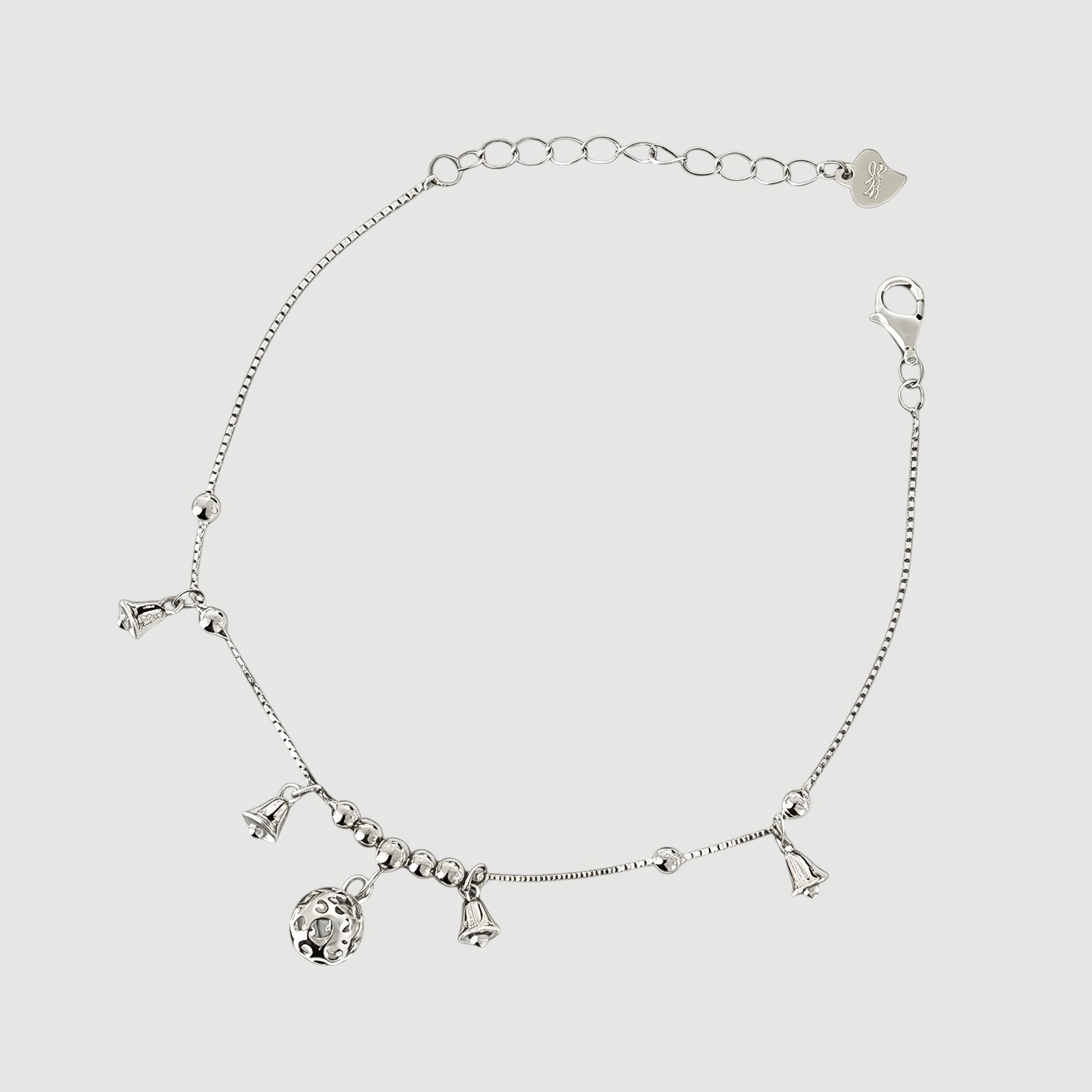 Amara Jewels Sterling Silver bracelet with bell-shaped charms and a hollow oval charm.