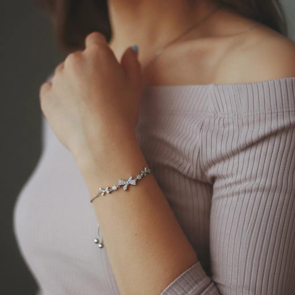 Amara Jewels 925 sterling silver adjustable bracelet with butterfly and floral charms, adorned with sparkling cubic zirconia.