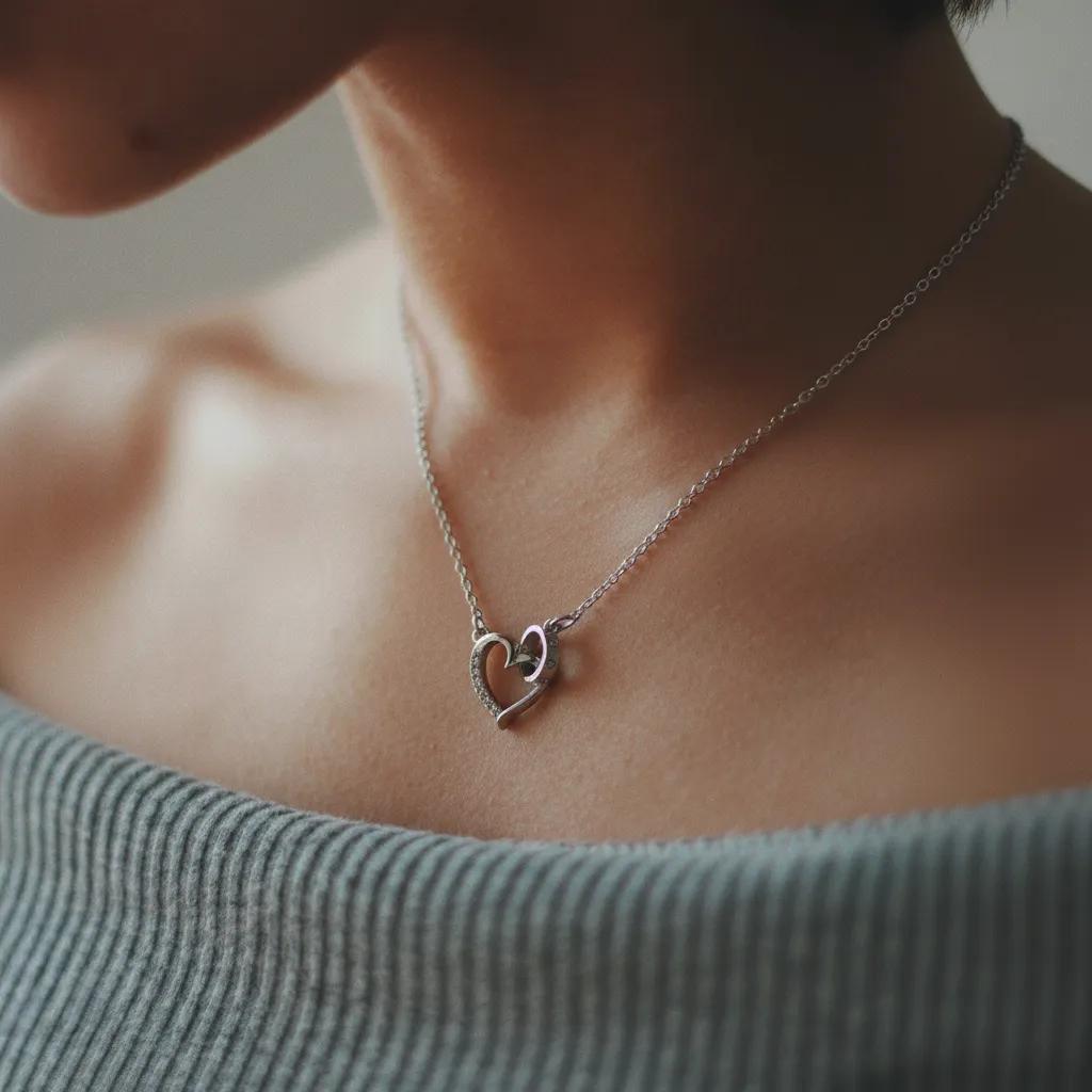 Amara Jewels sterling silver necklace with a linked open heart pendant adorned with cubic zirconia and a circle charm with Roman numerals.