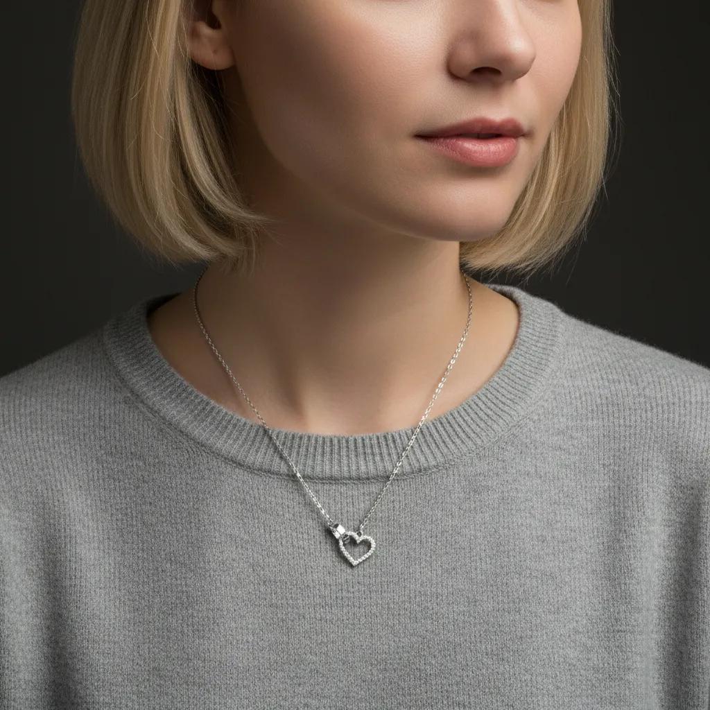 Amara Jewels sterling silver necklace with a linked open heart pendant adorned with cubic zirconia and a circle charm with Roman numerals.