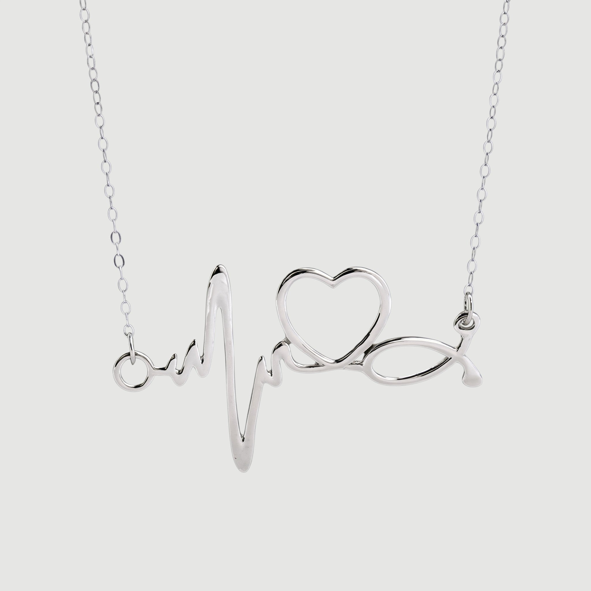 Amara Jewels silver heartbeat necklace with a heart symbol, made of sterling silver.