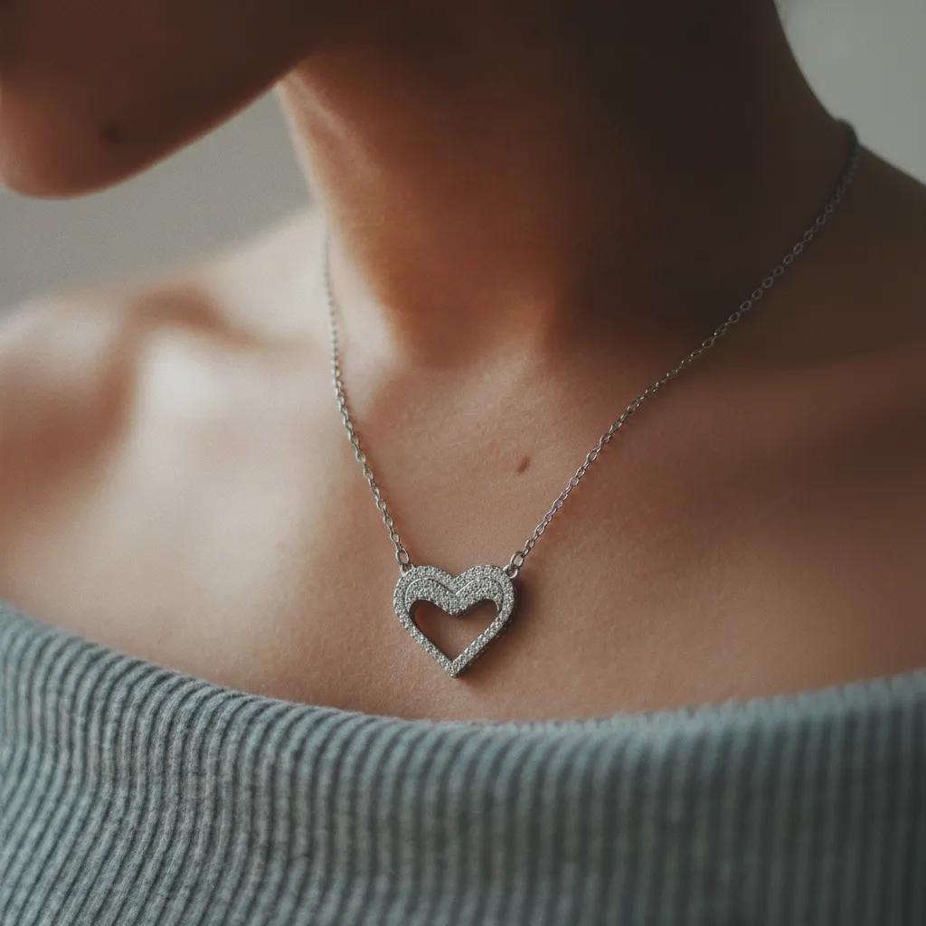 Amara Jewels silver hollow heart necklace with crystal embellishments, delicate chain.