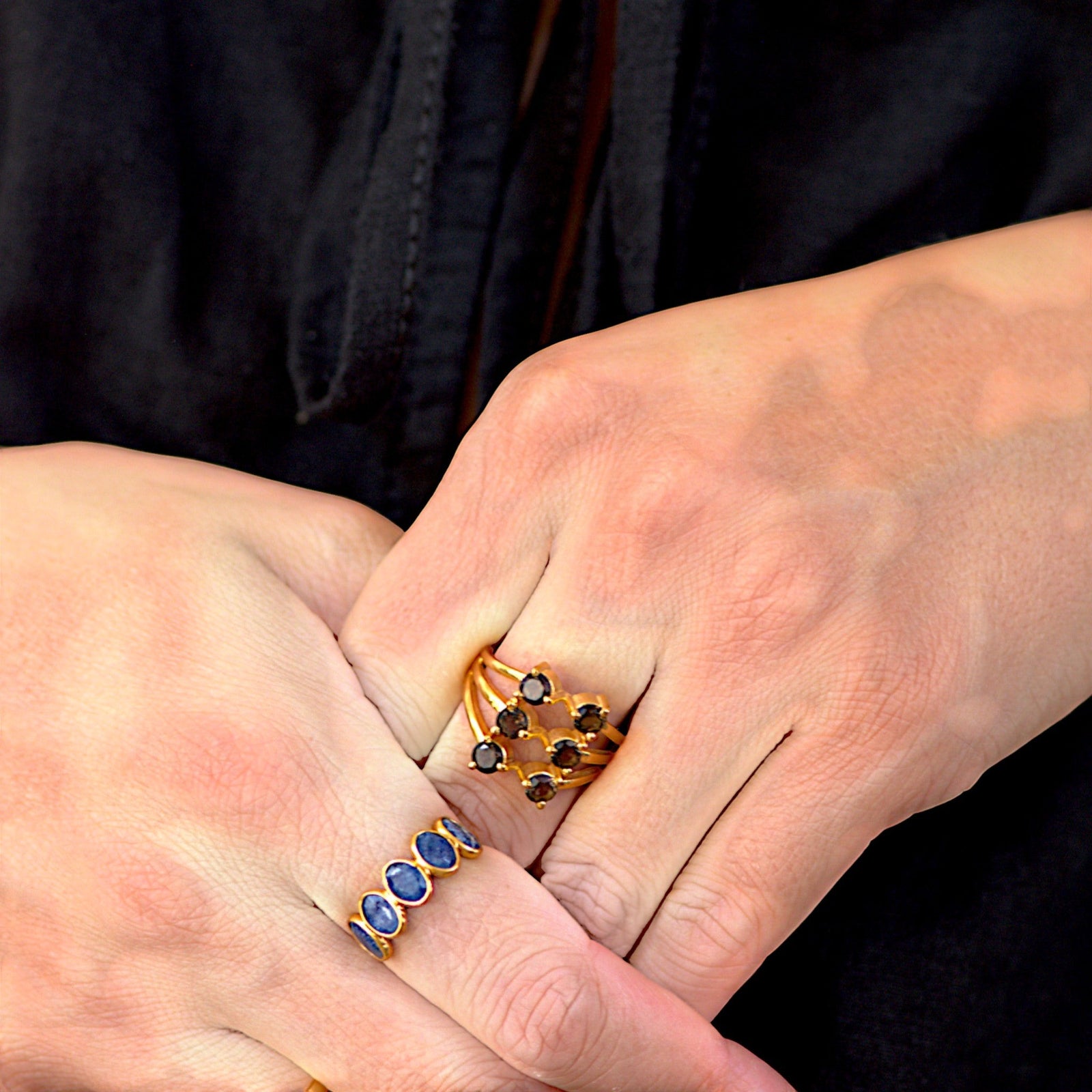 Amara Jewels triple band ring with six bezel-set smoky topaz gemstones in 18K gold vermeil over sterling silver.