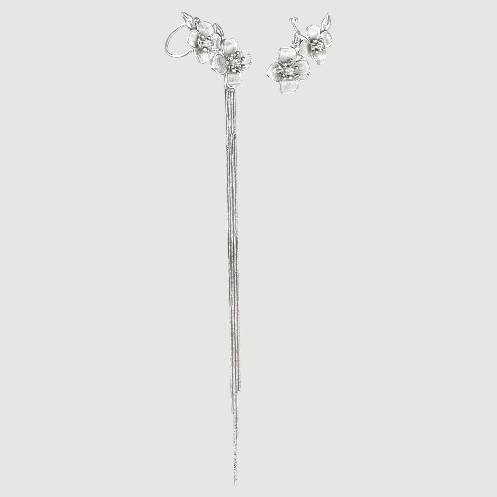 Amara Jewels Sterling Silver Floral Tassel Drop Earrings with delicate floral design and cascading and long, flowing tassels.