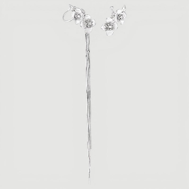 Amara Jewels Sterling Silver Floral Tassel Drop Earrings with delicate floral design and cascading and long, flowing tassels.