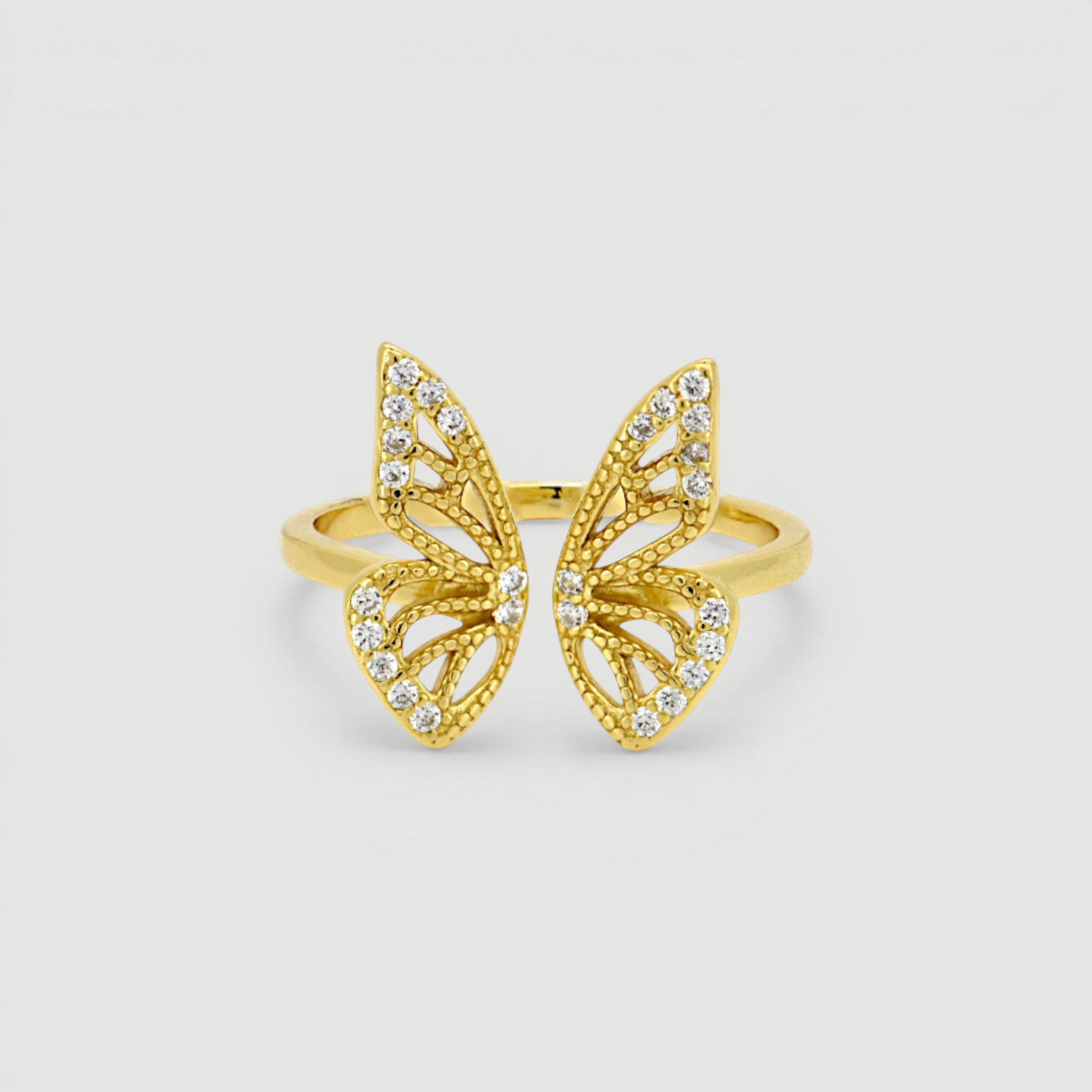 Amara Jewels gold-plated 925 sterling silver open ring with intricate butterfly design and shimmering accents.