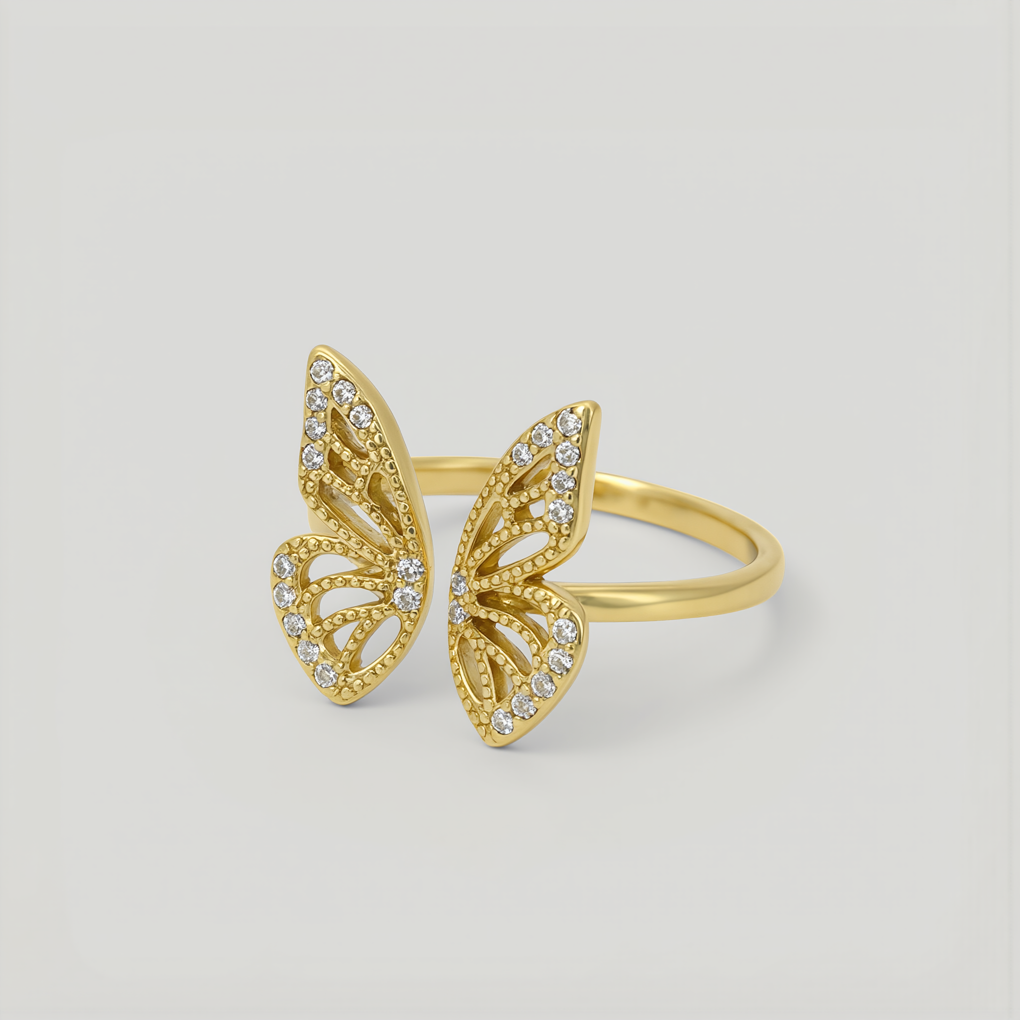 Amara Jewels gold-plated 925 sterling silver open ring with intricate butterfly design and shimmering accents.
