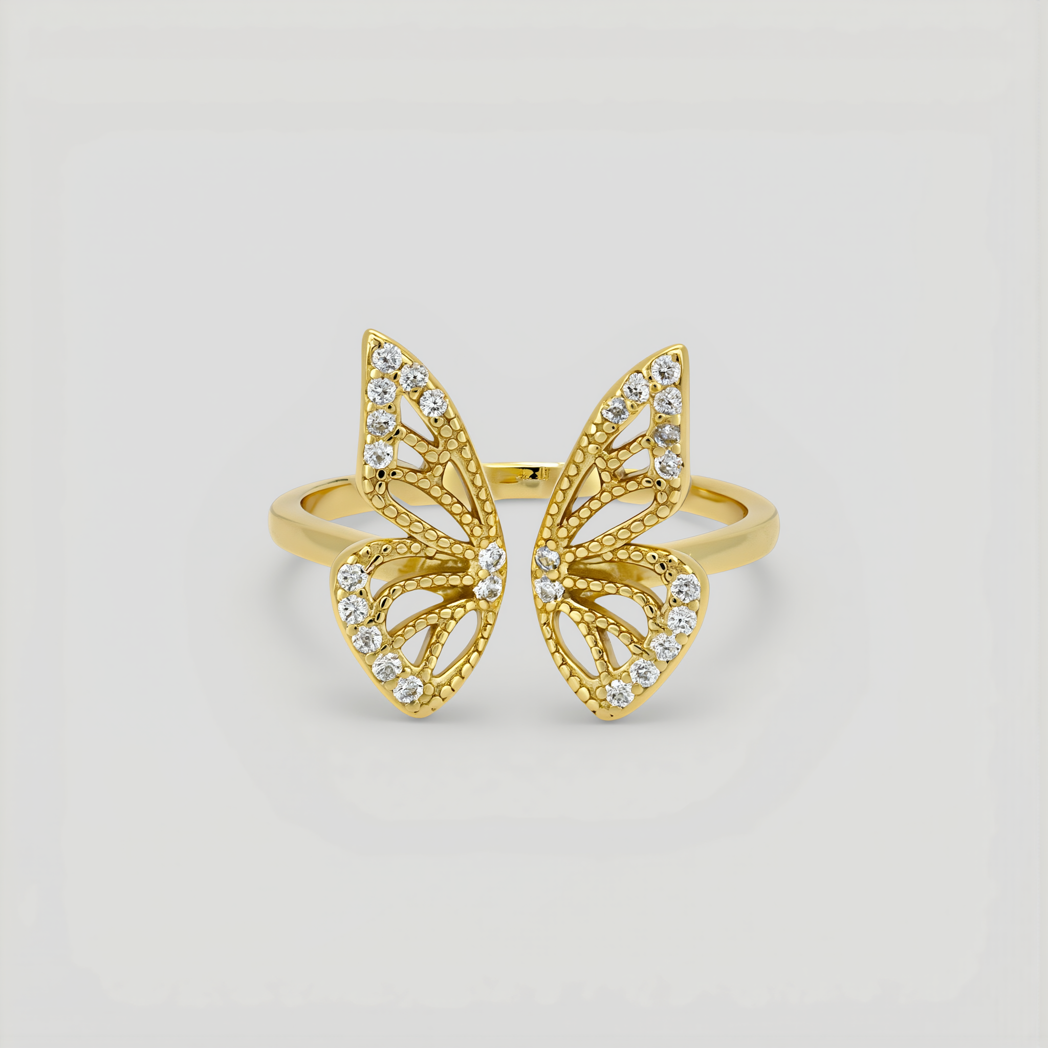 Amara Jewels gold-plated 925 sterling silver open ring with intricate butterfly design and shimmering accents.