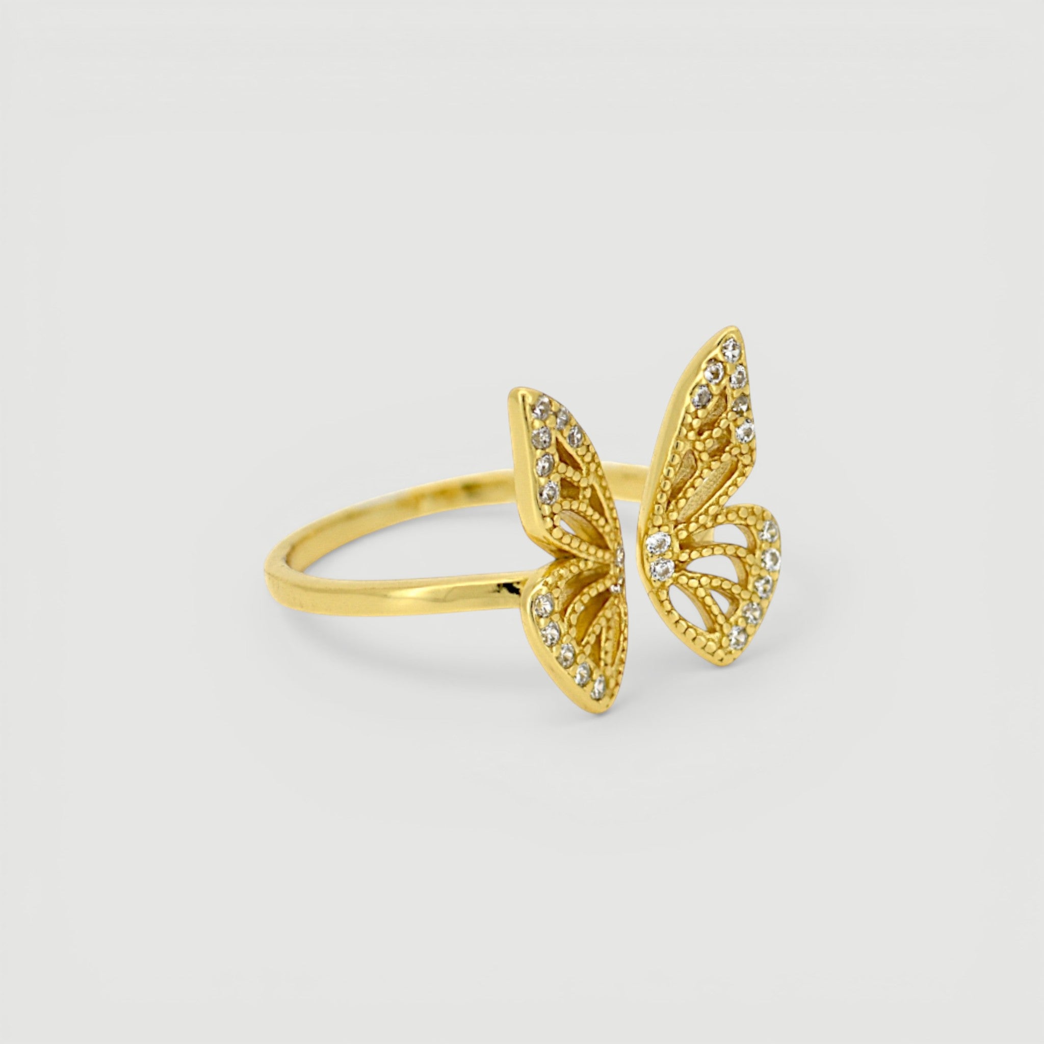 Amara Jewels gold-plated 925 sterling silver open ring with intricate butterfly design and shimmering accents.