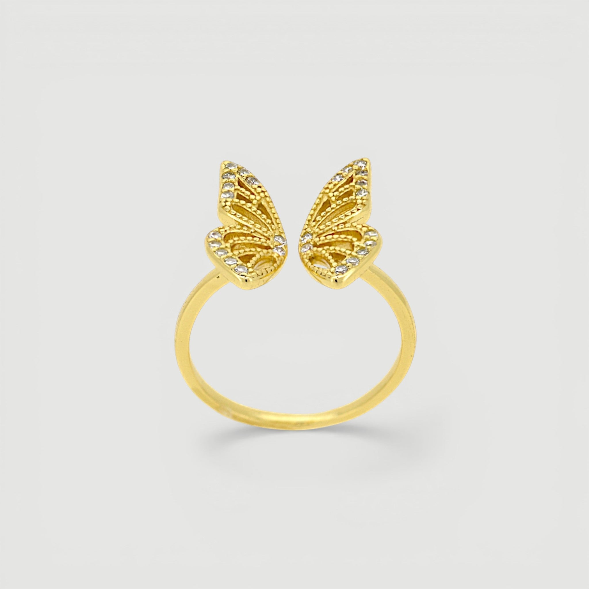 Amara Jewels gold-plated 925 sterling silver open ring with intricate butterfly design and shimmering accents.