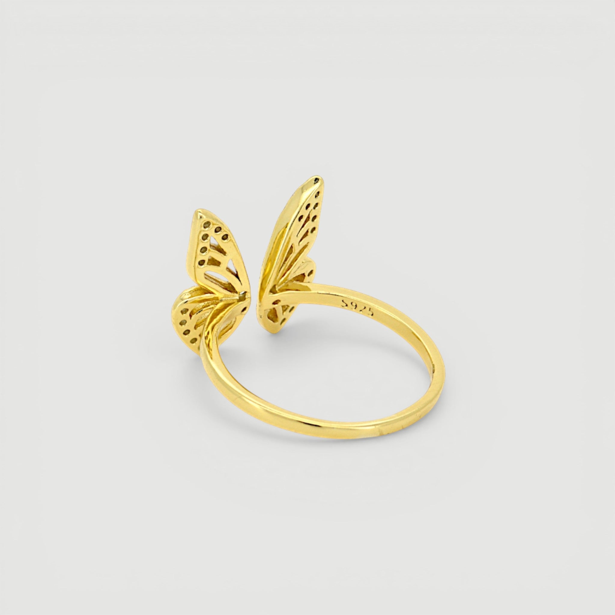 Amara Jewels gold-plated 925 sterling silver open ring with intricate butterfly design and shimmering accents.