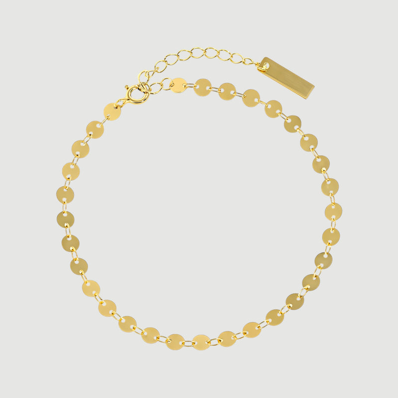 Amara Jewels gold-plated sterling silver bracelet with interlocking polished discs, adjustable chain, and lobster clasp.