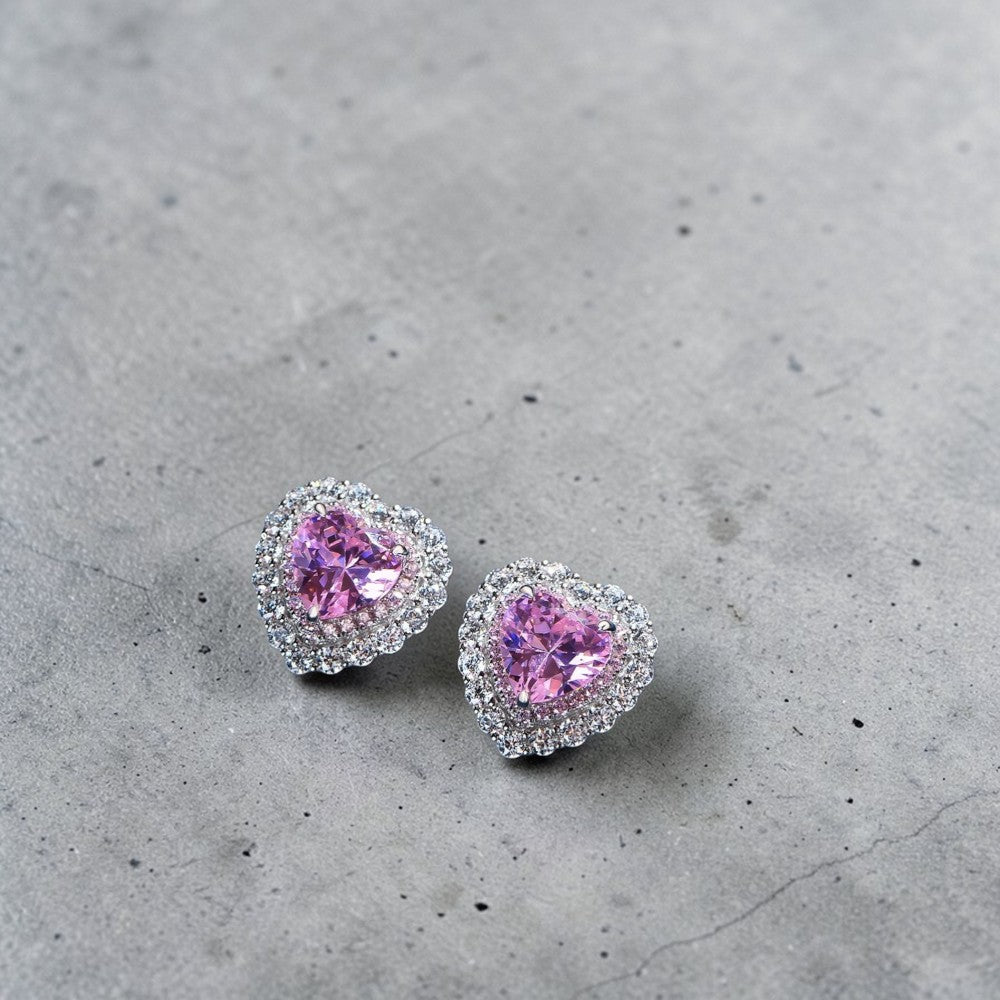 Amara Jewels Sterling Silver Pink Heart Crystal Stud Earrings with CZ halo