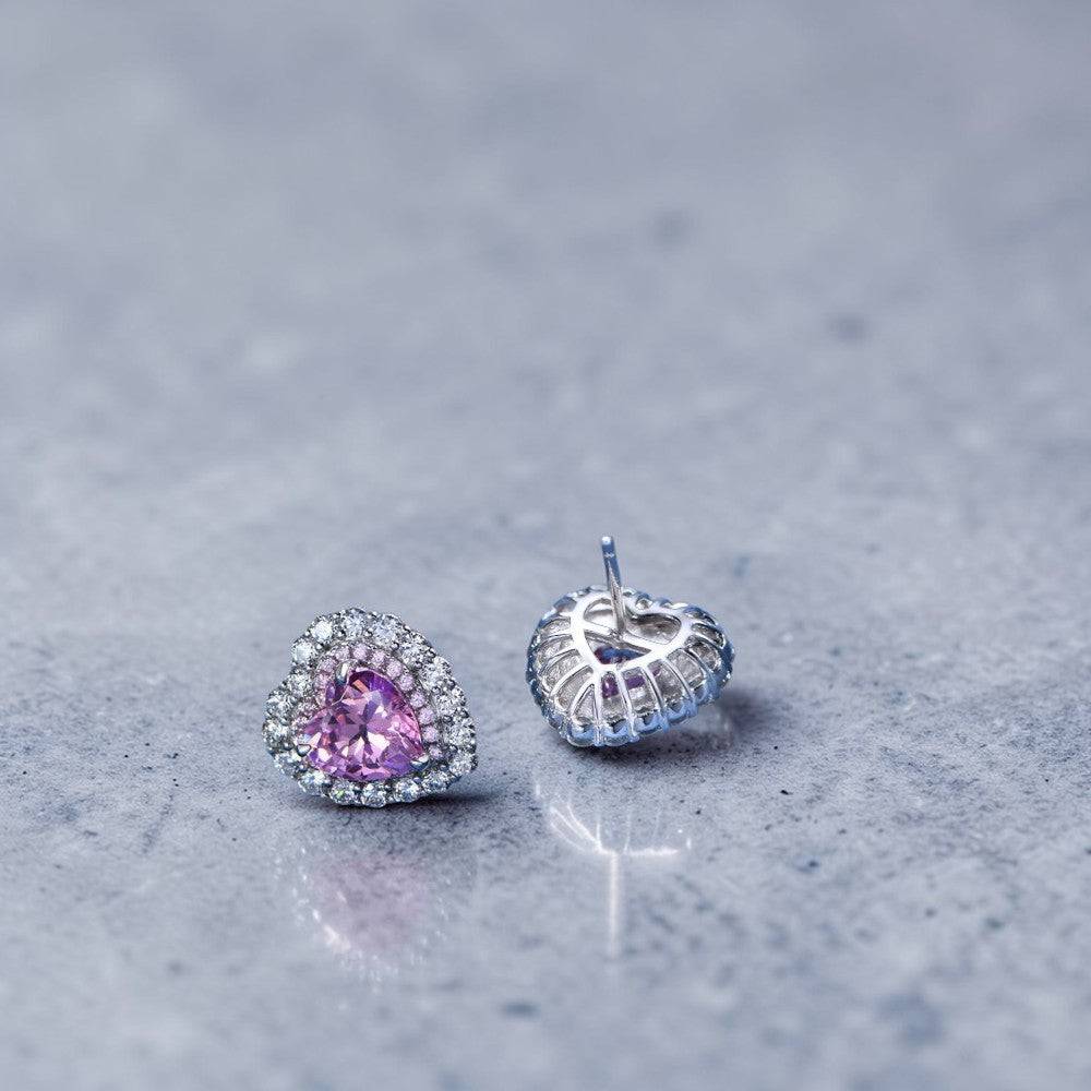 Amara Jewels Sterling Silver Pink Heart Crystal Stud Earrings with CZ halo