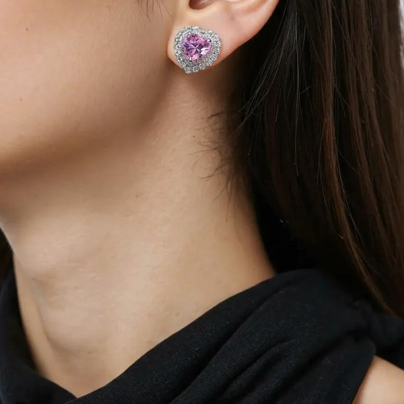 Amara Jewels Sterling Silver Pink Heart Crystal Stud Earrings with CZ halo