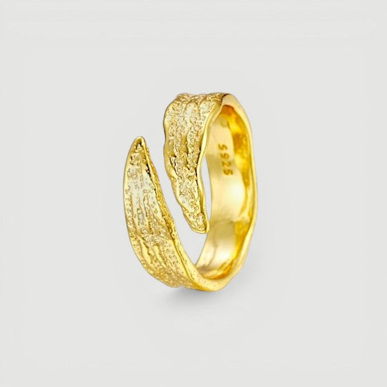 Amara Jewels textured open ring in gold-tone sterling silver with an organic, artisanal design.