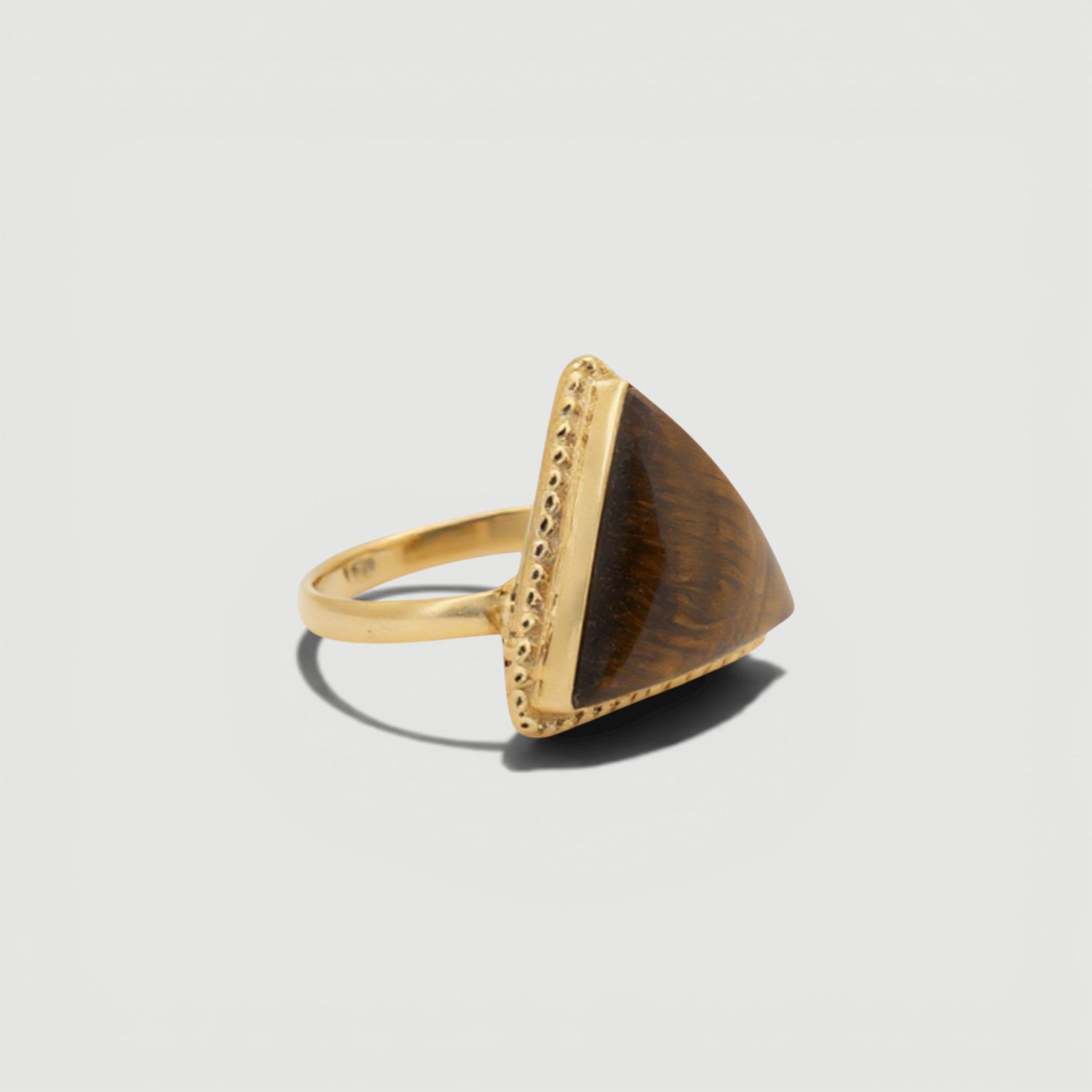 Amara Jewels gold vermeil ring with triangle-cut Tiger Eye gemstone. Boho-chic style.