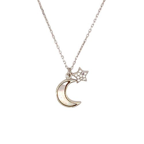 Crescent Moon Star Necklace rhodium plated in sterling silver 1