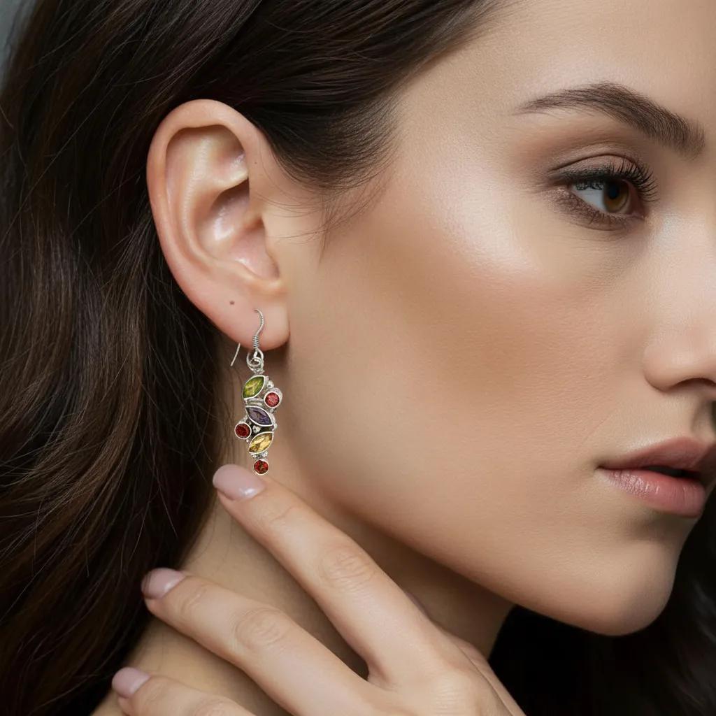 Natural Multi-Gemstone Drop Earrings