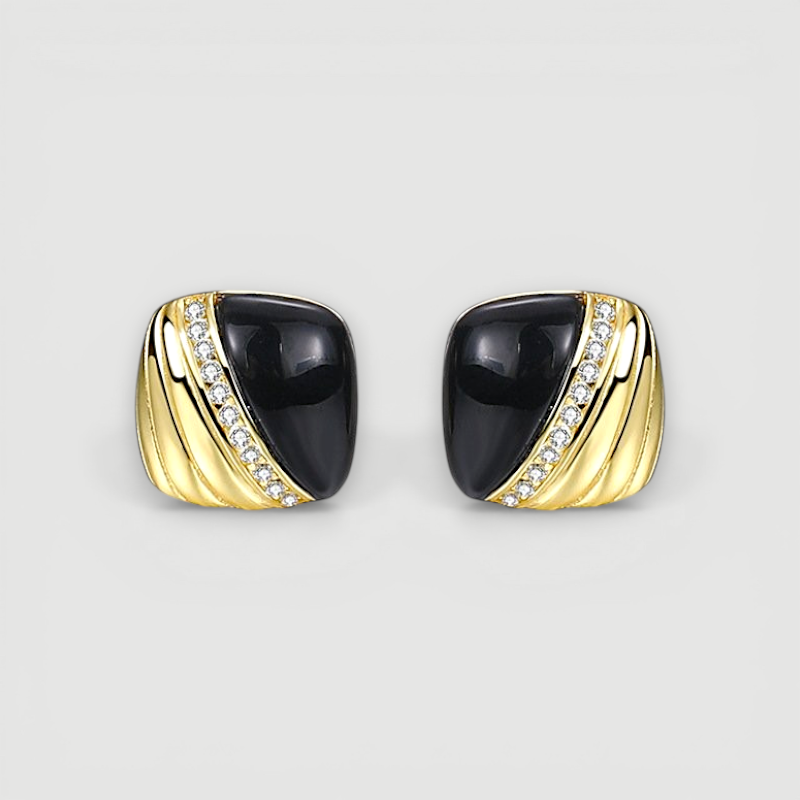 Amara Jewels gold-plated sterling silver stud earrings with black enamel and cubic zirconia accents.