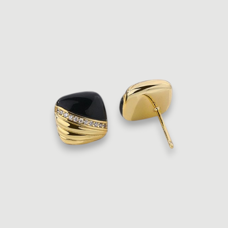 Amara Jewels gold-plated sterling silver stud earrings with black enamel and cubic zirconia accents.