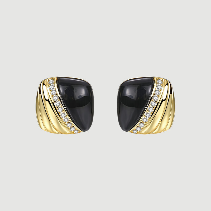 Amara Jewels gold-plated sterling silver stud earrings with black enamel and cubic zirconia accents.