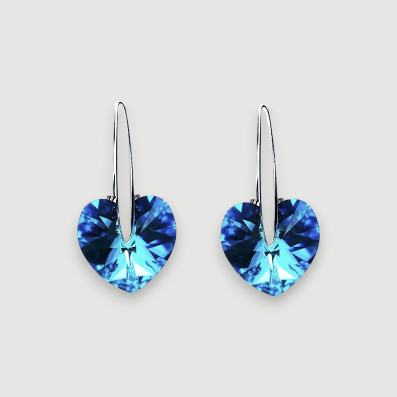 Amara Jewels blue heart-shaped crystal drop earrings with sterling silver hooks.
