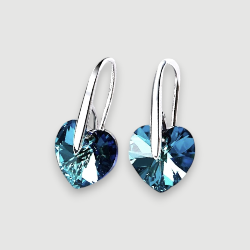 Amara Jewels blue heart-shaped crystal drop earrings with sterling silver hooks.