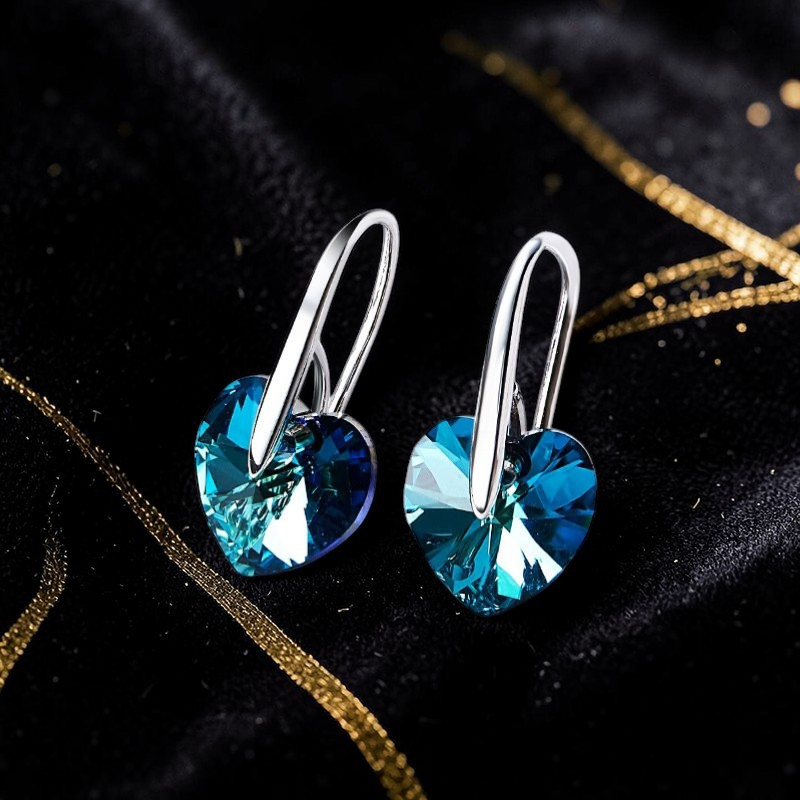 Amara Jewels blue heart-shaped crystal drop earrings with sterling silver hooks.