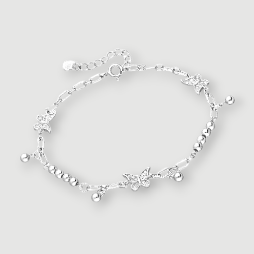 Amara Jewels sterling silver bracelet with delicate butterfly charms and polished silver beads, adjustable clasp.