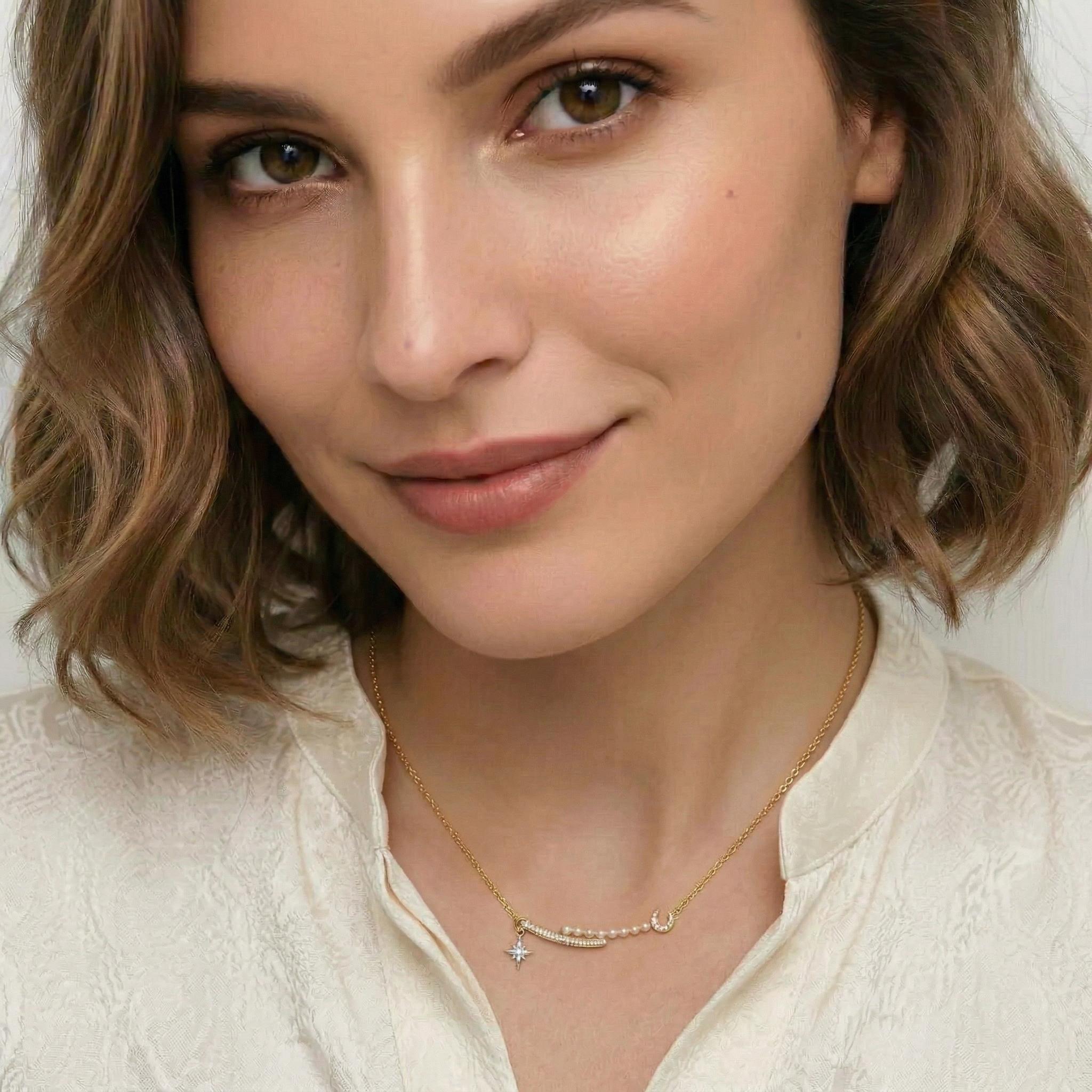 Amara Jewels sterling silver necklace with star, pearls, and crescent moon.