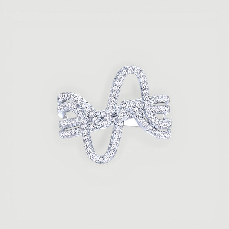 Amara Jewels sterling silver statement ring with cubic zirconia in a curved wave design.