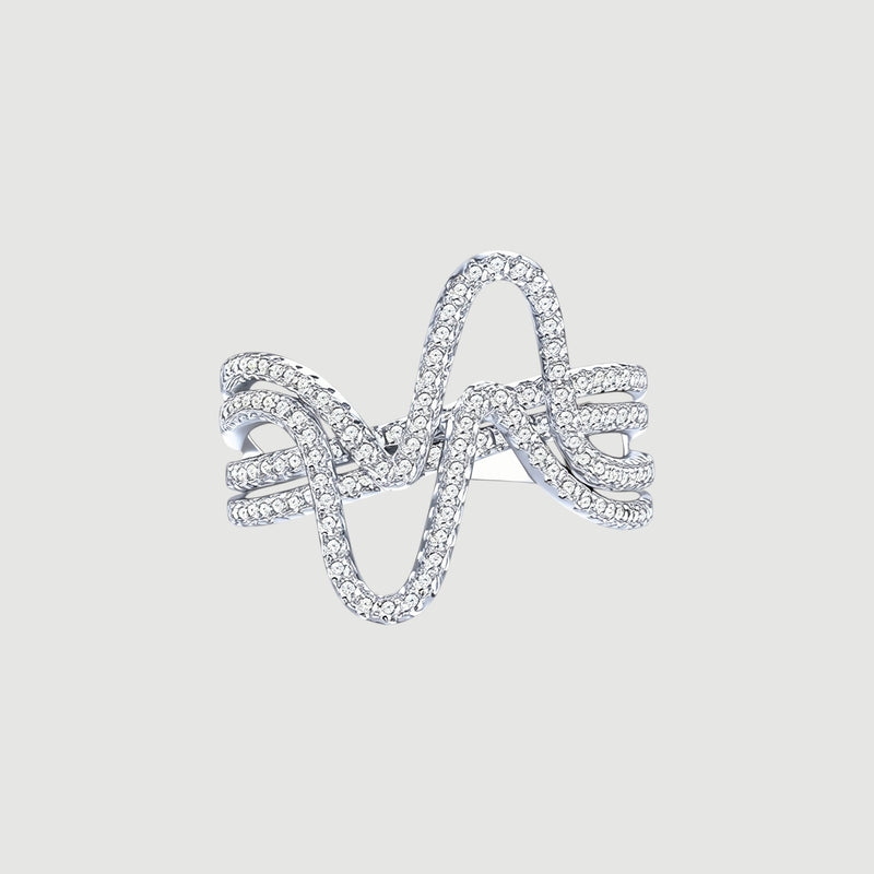 Amara Jewels sterling silver statement ring with cubic zirconia in a curved wave design.