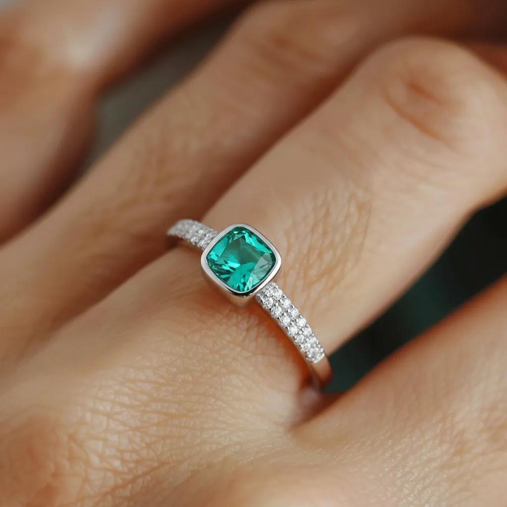Amara Jewels sterling silver ring with cushion-cut emerald green stone and pave-set crystals.