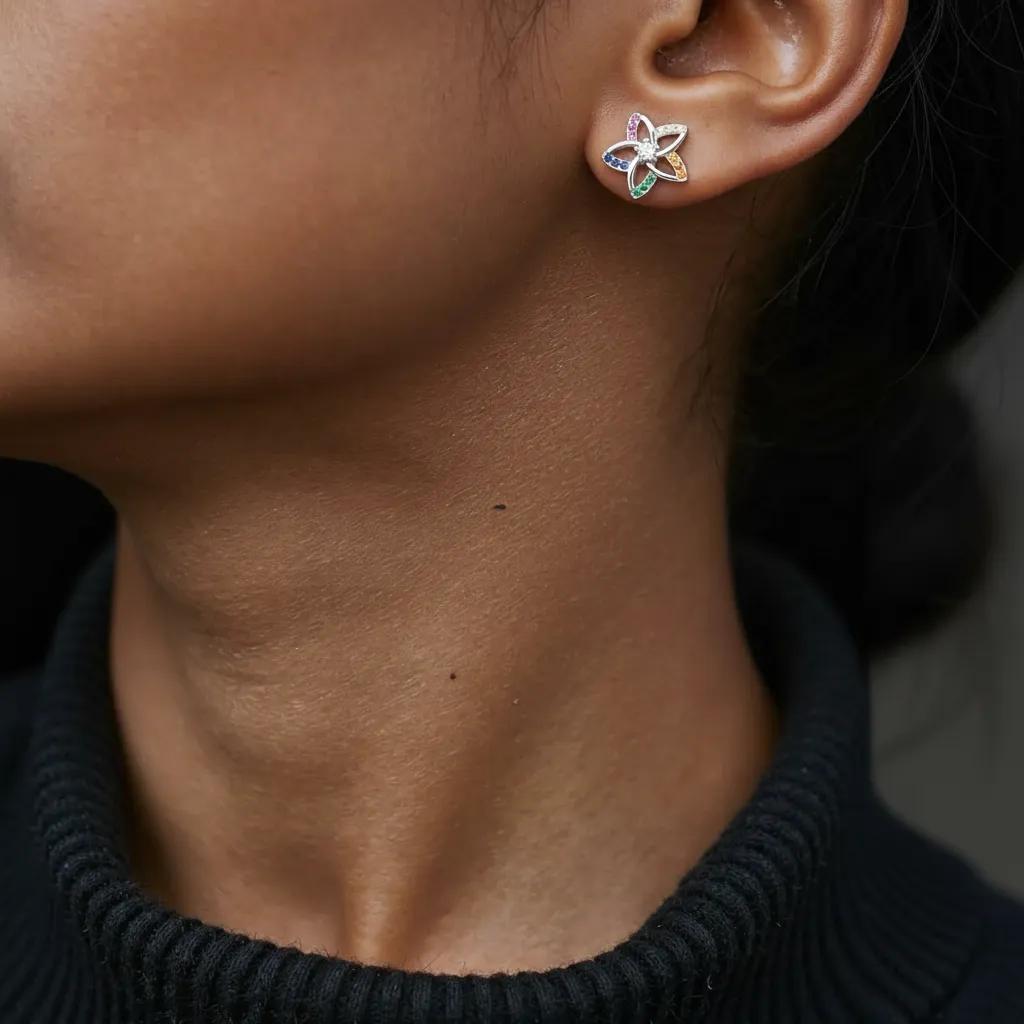 Amara Jewels sterling silver flower stud earrings with multicolor cubic zirconia stones.