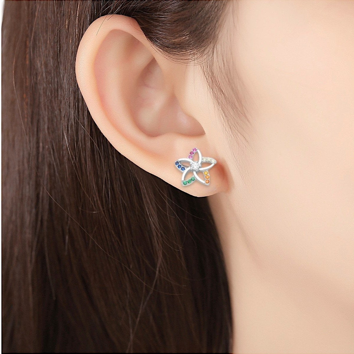 Amara Jewels sterling silver flower stud earrings with multicolor cubic zirconia stones.