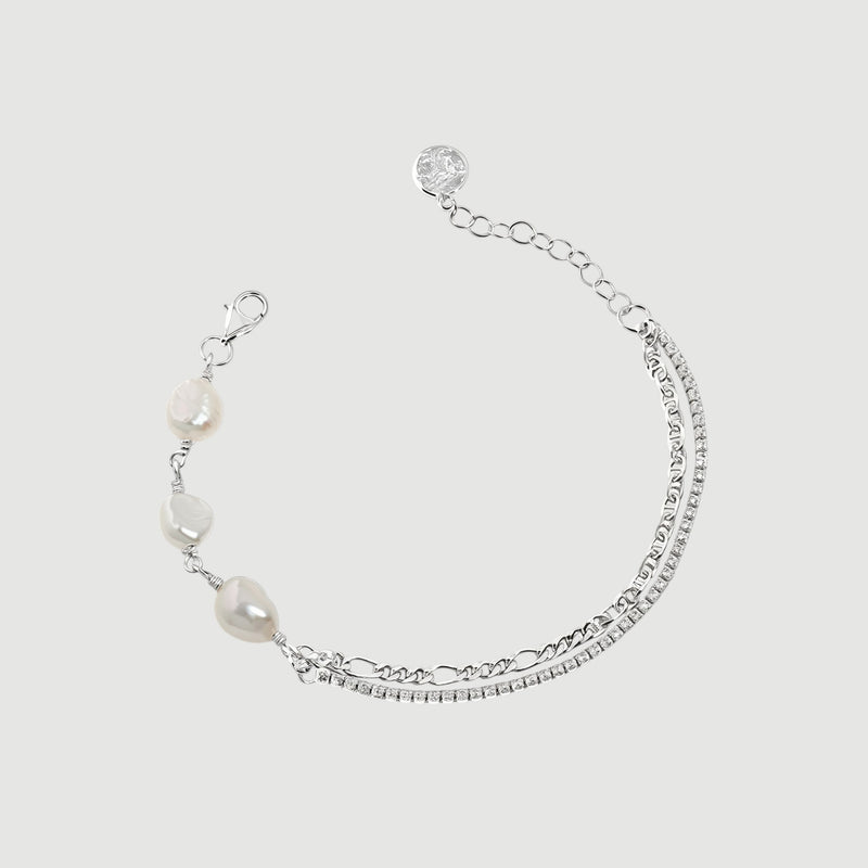 Amara Jewels 925 sterling silver bracelet with freshwater pearls and a dual chain design, one chain is accented with sparkling stones.