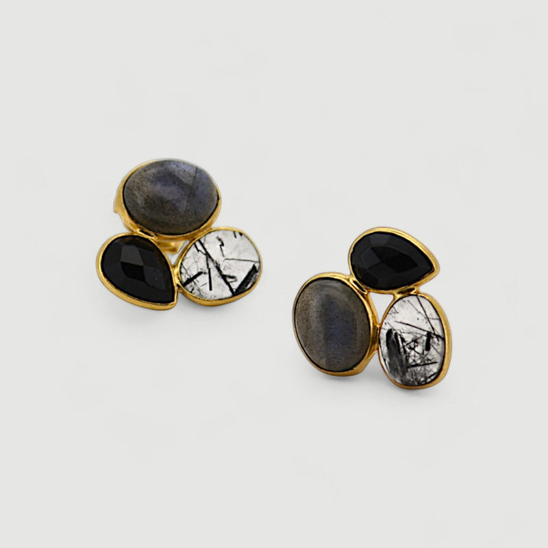 Amara Jewels gold-plated sterling silver cluster stud earrings with labradorite, black onyx, and tourmaline quartz.